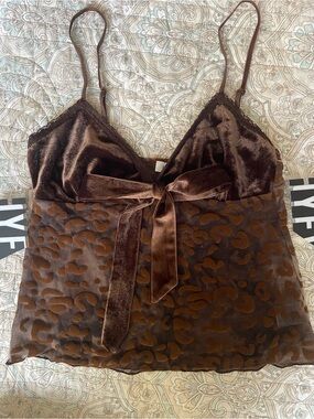 HYFVE Brown Velvet Leopard-Print Tie-Front Cami